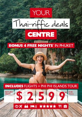 Your Thai-riffic deals centre. Bonus 4-nights* in Phuket. Includes flights + Phi Phi Islands tour return from $2,599* for two. Woman in black bikini cheering on the deck of a rowboat in Phuket