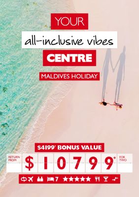 Your all-inclusive vibes centre | Maldives holiday. $4,199* bonus value return from $10,799* for two. Overhead shot of couple walking hand in hand on a bright white beach