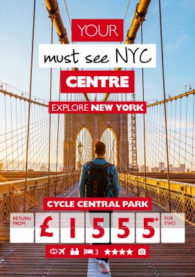 Your must see NYC centre - explore New York. Cycle Central park return from £1,555* for two. Man walking along Brooklyn Bridge in the early afternoon