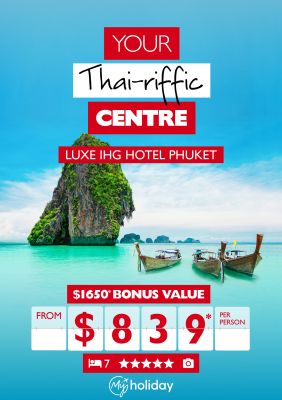 Your thai-riffic centre - luxe ING Hotel Phuket. $1,650* bonus value from $839* per person. Boats moored on calm blue ocean alongside tall rocks in Thailand