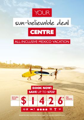 Three people with surfboards on the beach Mexico vacation return from $1426* per person