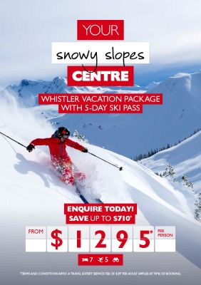 Whistler hotel stay plus 5-day ski pass for just $1,295* per person!