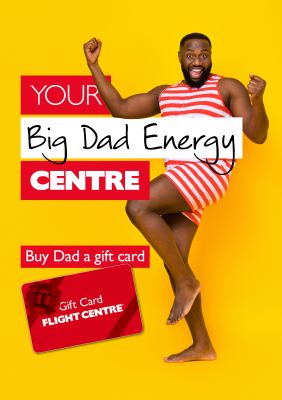 Your big dad energy centre - buy dad a gift card. Man in stripped bathing suit cheering next to a large Flight Centre Gift Card
