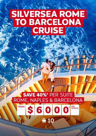 Silversea Rome to Barcelona cruise | Save 40%* per suite - Rome, Naples & Barcelona. From $6,000* per person | couple embracing on a luxury cruise ship