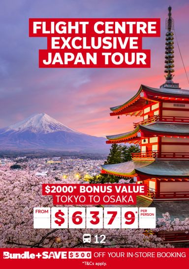 flight centre exclusive japan tour over image of japan mount fuji and temple