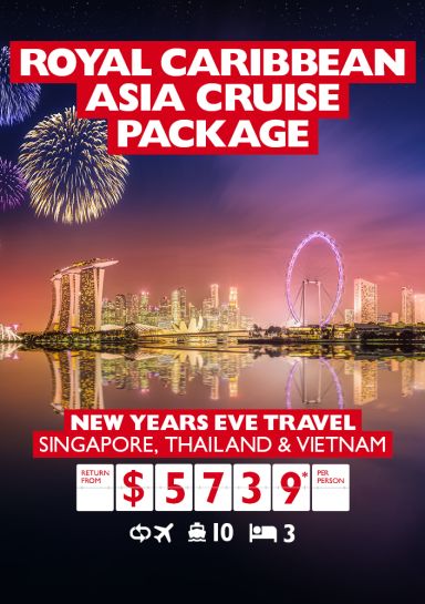 Royal Caribbean Asia Cruise package. New Years Ever travel - Singapore, Thailand & Vietnam. Return from $5,739* per person. Wide shot of Singapore lit up by fireworks