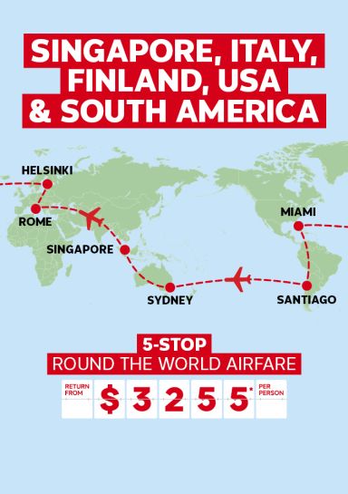 Singapore, Italy, Finland, USA & South America 5-stop Round the world Airfare return from $3255* per person