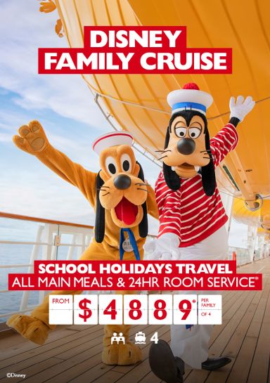 Disney family cruise. School holidays travel* All main meals & 24hr room service from $4889* per family of 4