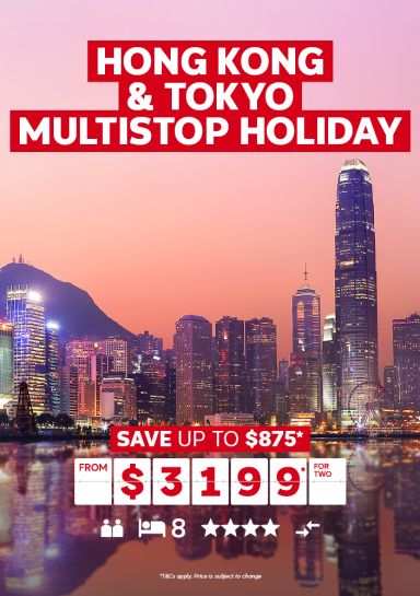 Hong Kong & Tokyo multi-stop holiday | save up to $875*. From $3,199* for two | City skyline of Hong Kong in the early evening