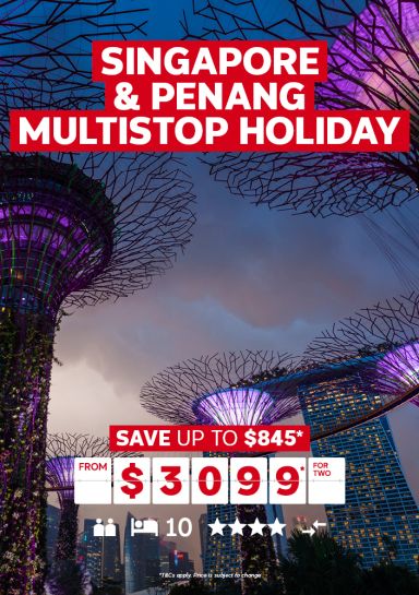Singapore & Penang multi-stop holiday | save up to $845* - from $3,099* for two. Gardens by the Bay in Singapore at night