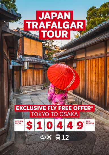 Japan Trafalgar Tour | Exclusive fly free offer*. Tokyo to Osaka - return from $10,449* per person. Person in a colourful, pink kimono with a red parasol walking through the backstreets of Kyoto