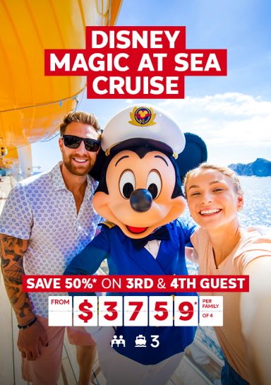 Disney Magic at sea cruise | save 50%* on 3rd and 4th guest | from $3,759* per family of 4. Couple posing with Mickey Mouse on a Disney Cruise ship