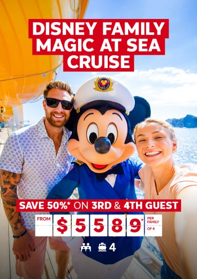 Disney Family Magic At Sea cruise. Save 50%* on 3rd & 4th guest from $5589* per family of 4