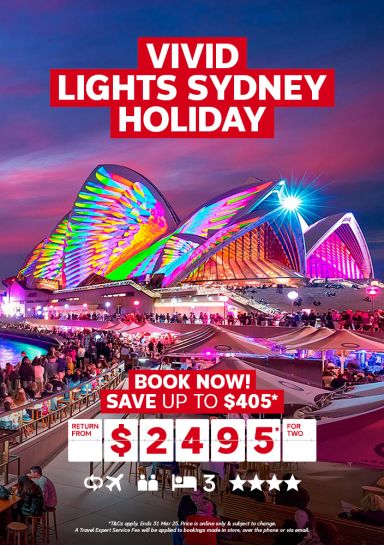 Vivid lights Sydney holiday. Book now! Save up to $405* return from $2495* for two