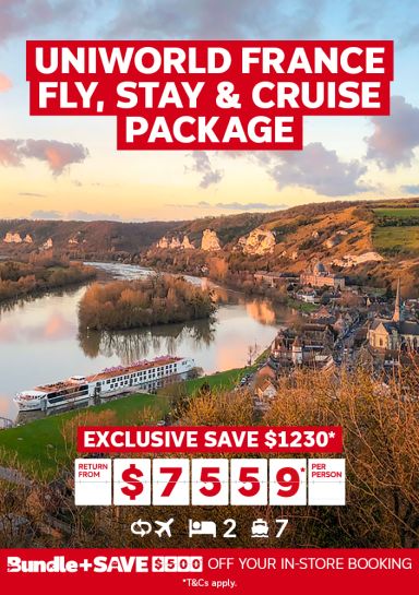 Uniworld France fly, stay & cruise package. Exclusive save $1230* return from $7559* per person