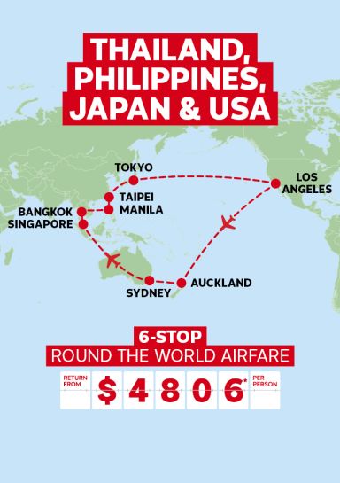 Thailand, Philippines, Japan & USA | 6-stop Round the World airfare. Return from $4,806* per person