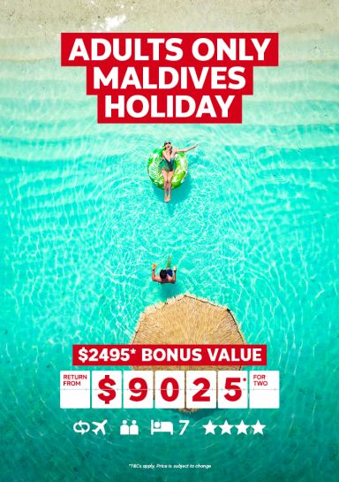 Adults only Maldives Holiday. $2495* bonus value return from $9025* for two