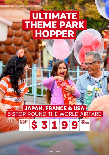 Ultimate theme park hopper. Japan, France & USA. 3-stop round the world airfare return from $3199* per person