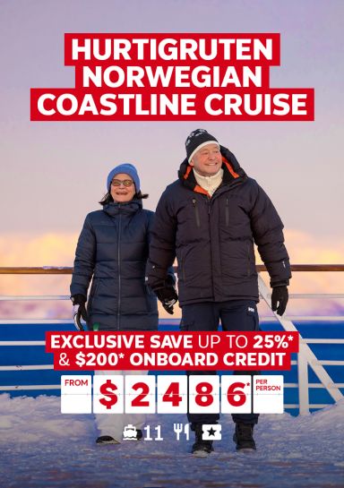 Hurtigruten Norwegian Coastline Cruise. Exclusive save up to 25%* & $200* onboard credit from $2486* per person