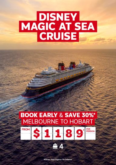 Disney magic at sea cruise | book early & save 30%*. Melbourne to Hobart. From $1,189* per person. Disney Cruise ship at sunset