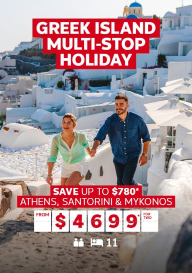 greek island multi-stop holiday save up to $780 athens, santorini and mykonos from $4699 per person