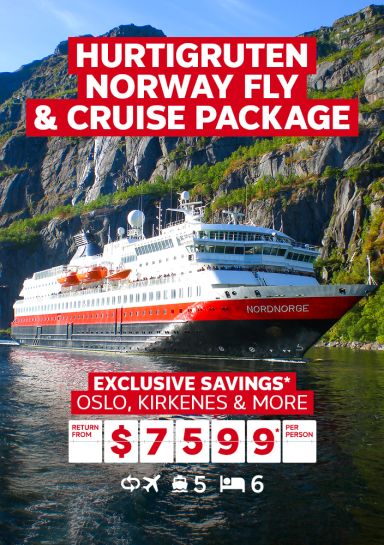 hurtigruten norway fly & cruise package exclusive savings oslo, kirkenes & more, return from $7599 per person