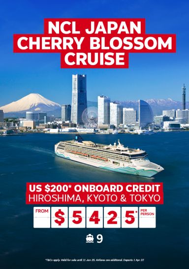 NCL Japan Cherry Blossom Cruise. US$200* onboard credit. Hiroshima, Kyoto & Tokyo from $5425* per person