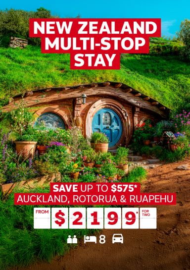 New Zealand Multi-Stop Stay | Save up to $575* - Auckland, Rotorua & Ruapehu. From $2,199* for two. Hobbit Hole