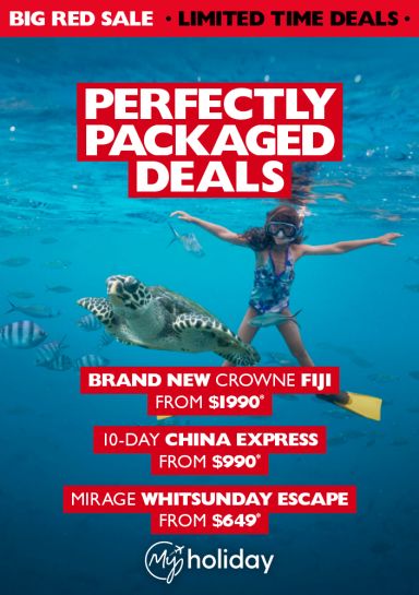 BIG RED SALE - Perfectly packaged deals. Brand new Crowne Fiji from $1,990*. 10-day China express from $990*. Mirage Whitsunday escape from $649* Girl snorkelling with a green sea turtle and tropical fish