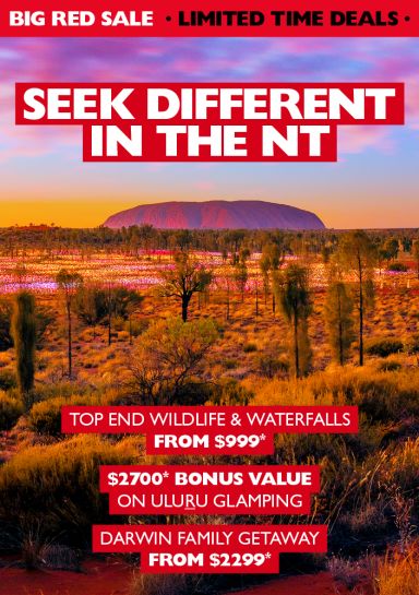 Seek different in the NT | Top end wildlife & waterfalls from $999*. $1,700* bonus value on Uluru glamping. Darwin family getaway from $2,299*
