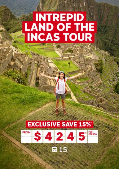Intrepid land of the Incas tour | exclusive save 15%*. From $4,245* per person. Woman standing atop Machu Picchu