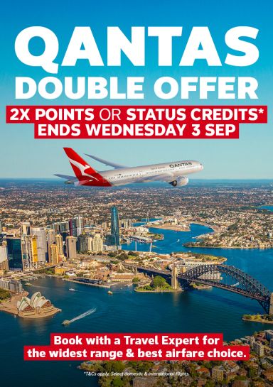 Qantas double points offer - 2xpoints or status credits* ends Wednesday 3 Sep | book with a Travel Expert for the widest range & best airfare choice | Qantas plane flying over Sydney harbour