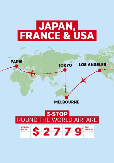 Japan, France & USA. 3-stop round the world airfare return from $2779* per person