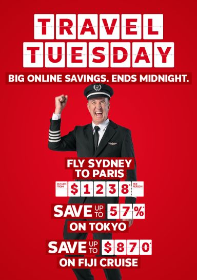 Travel Tuesday. Online savings. Ends midnight. Fly Sydney to Paris return from $1238* per person, Save up to 57%* on Tokyo