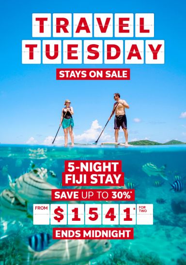 Travel Tuesday. Stays on sale. 5-night Fiji stay. Save up to 30%* from $1541* for two