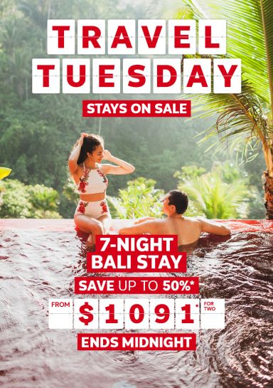 Travel Tuesday - stays on sale | 7-night Bali stay; save up to 50%* from $1,091* for two | ends midnight