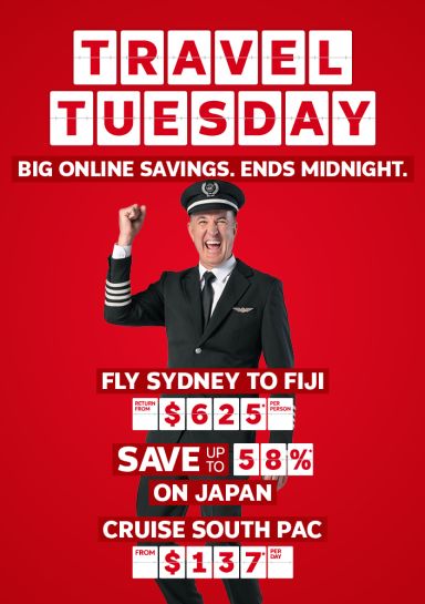 Travel Tuesday. Big online savings. Ends midnight. Fly Sydney to Fiji return from $625* per person, save up to 58%* on Japan, Cruise South Pac from $137* per day