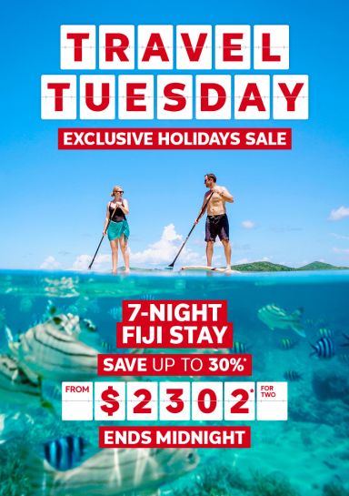 Travel Tuesday. Exclusive holidays sale. 7-night Fiji stay. Save up to 30%* from $2302* for two