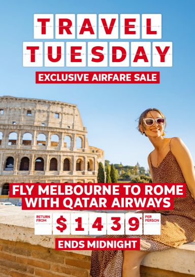 Travel Tuesday. Exclusive airfare sale. Fly Melbourne to Rome with Qatar Airways return from $1439* per person