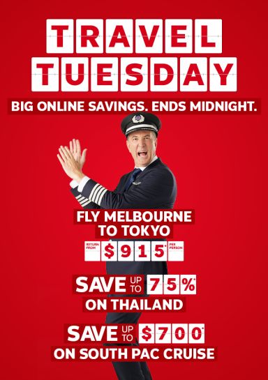 Travel Tuesday. Big online savings. Ends midnight. Fly Melbourne to Tokyo return from $915* per person, save up to 75%* on Thailand