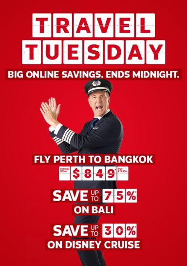 Travel Tuesday. Big online savings. Ends midnight. Fly Perth to Bangkok return from $849* per person. Save up to 75%* on Bali