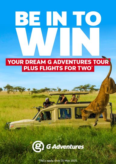 Be in to win your dream G-Adventures tour plus flights for two* | jeep driving past a lion jumping out of a tree