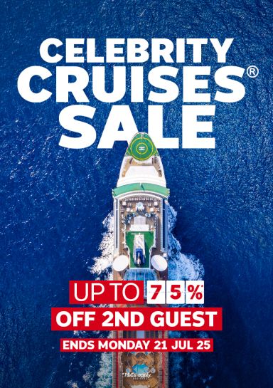 Celebrity Cruises sale - up to 75%* off 2nd guest. Ends Monday 21 Jul 25 | Top down view of a cruise ship at sea