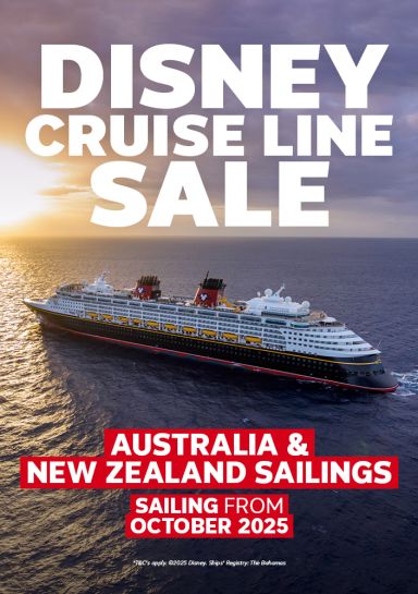 DIsney cruise line sale | Australia & New Zealand sailings. Sailing from October 2025. Disney Cruise ship at sunset