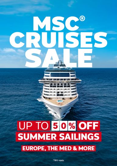 MSC Cruises sale | up to 50%* off Summer sailings. Europe, The Med & More | front on view of an MSC cruise ship