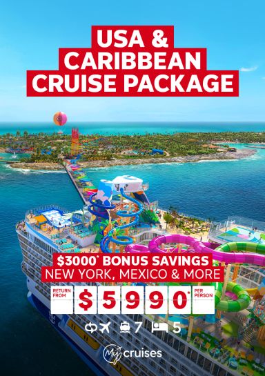 USA & Caribbean cruise package | $3,000* bonus value - New York, Mexico & More. Return from $5,990* per person. Wide shot of a cruise ship docked at an island