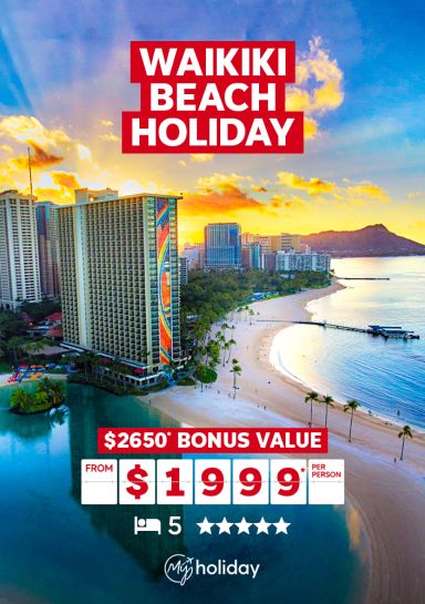 Waikiki Beach holiday | $2,650* bonus value. From $1,999* per person. Waikiki beach at sunset