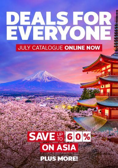 Deals for everyone | July Catalogue online now. Save up to 60%* on Asia plus more! | Mount Fuji framed by cherry blossoms and a tall pagoda at sunset