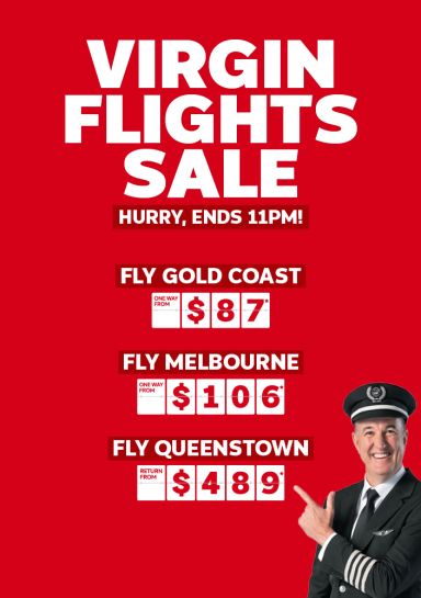 Virgin Flights Sale. Hurry, ends 11PM! Fly Gold Coast one way from $87*, fly melbourne one way from $106*, fly Queenstown return from $489*