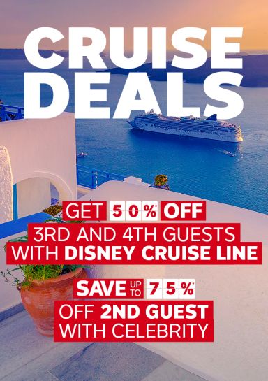 Cruise deals - Get 50%* off 3rd and 4th guests with Disney Cruise Line | Save up to 75%* off 2nd guest with Celebrity